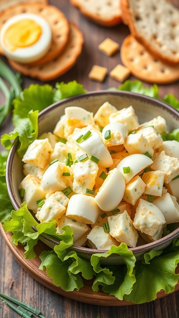 A bowl of egg salad with chives on lettuce, served with bread and crackers on a wooden table.